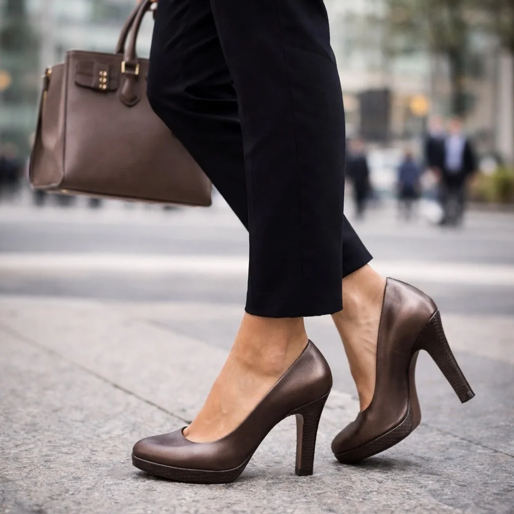Cole Haan Brown Leather Platform Pumps Size 8.5B Block Heel Career Classic